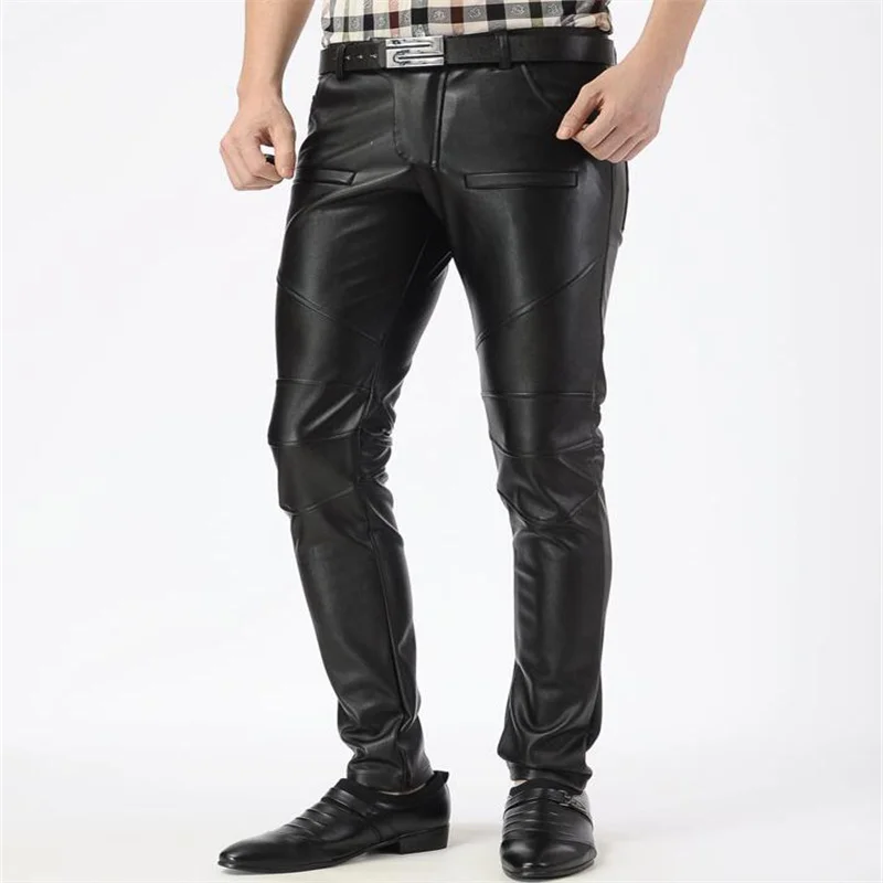 Autumn winter faux leather pants mens feet pants motorcycle pu trousers for men  personality fashion England Korean elasticity