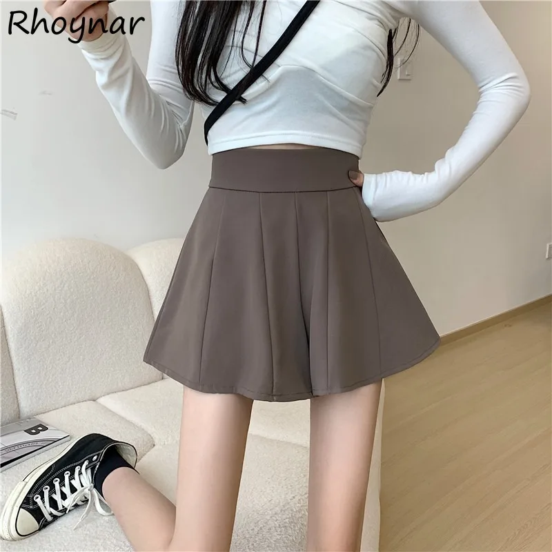 

Shorts Skirts Woman Casual Solid Folds High Waist Trendy Korean Style Summer Loose Ladies Streetwear All-match Retro Elegant New