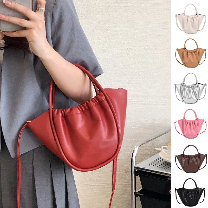 

2022 New Soft Leather Women's Bag Handbag Women's Pleated Design Messenger Bag Vegetable Basket Large Capacity Mother Bag