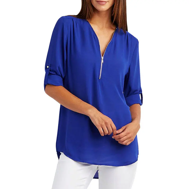 

Women's V-Neck Shirt New Fashion Plus Size Half Long Sleeve Zipper Blouse Commuter Top Bottom Shirt Loose Fit