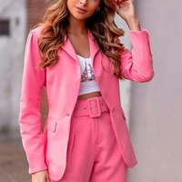 office lady solid sets long sleeve notched blazers ankle length sashes pants candy color female work wear sets