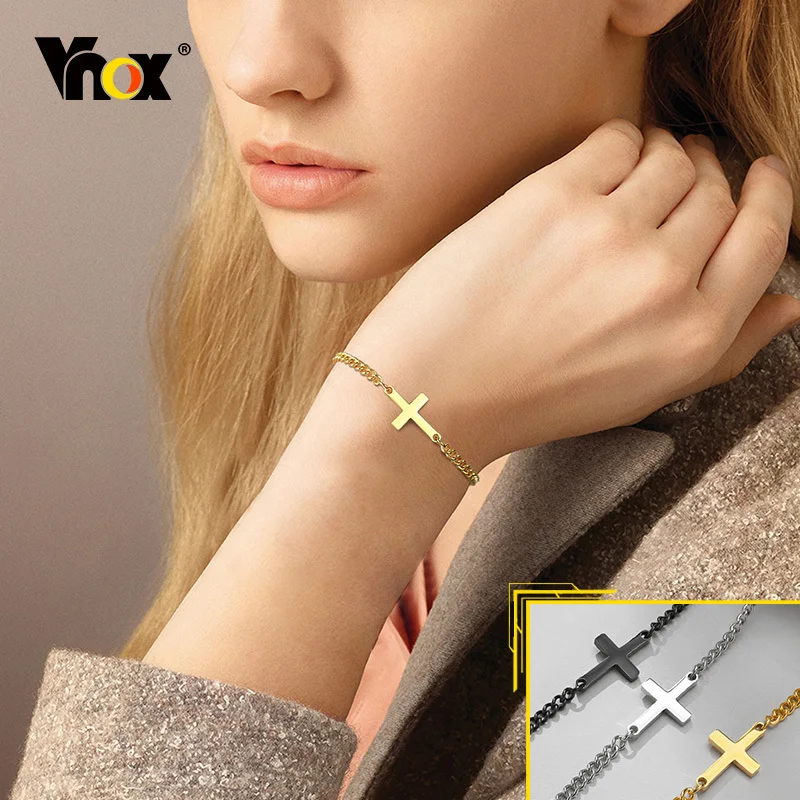 

Vnox Cross Charm Bracelet for Women Girls, Adjustable Stainless Steel Cuban Chain Bracelet, Minimalist Chic Simple Wristband