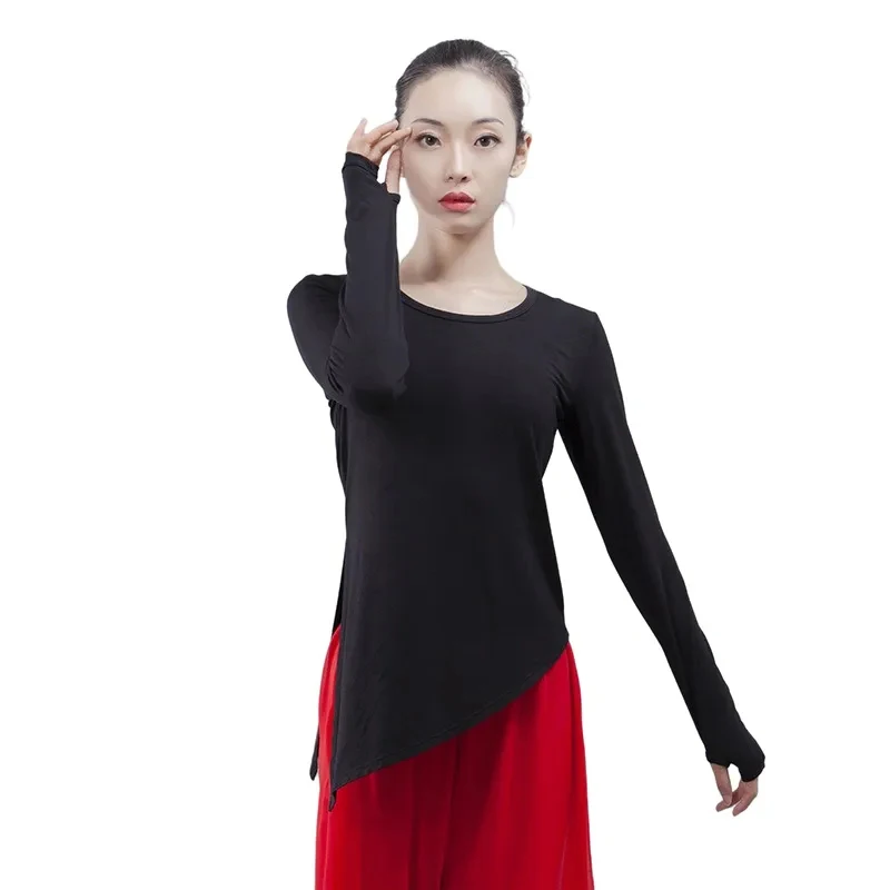 

Womens Round Neck Finger Sleeve Modern Dance Wear Modal Yoga Practice Dress Side Lacing Classical Dance Top Blouse Plus Size 4XL