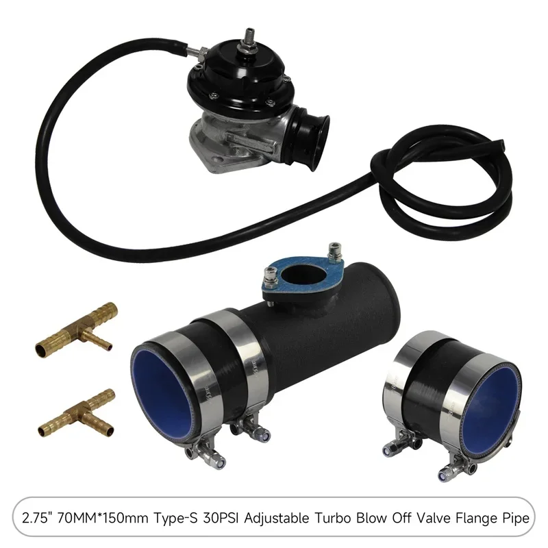 Фото Выдувной клапан 10PSI BOV + тип RS 2,75 дюйма 70 мм, адаптер для фланцевой трубы, комплект силиконовых шлангов №2