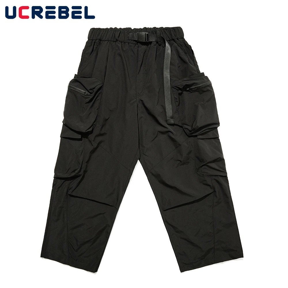 Solid Color Casual Pants Mens Streetwear with Belt Loose Straight-leg Pants Safari Style Elastic Waist Multi-Pocket Cargo Pants