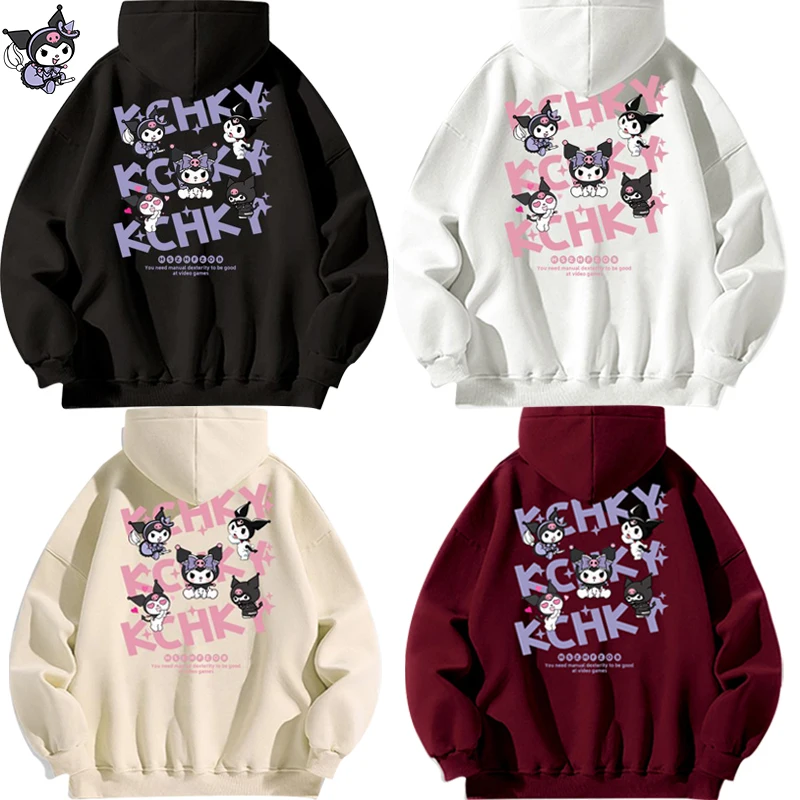 

Толстовка Kuromi с капюшоном для мальчиков и девочек, универсальная свободная мягкая удобная кофта с мультяшным рисунком, модный дизайнерский подарок, большие размеры, Осень-зима