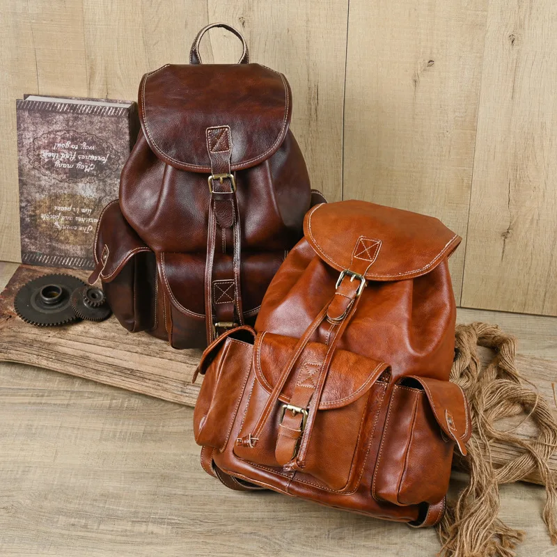 

2022 Men Backpacks High Quality Leather Vintage youth Shoulder Designer Bag Class Boy Solid Genuine Leather Bags Large Capacity