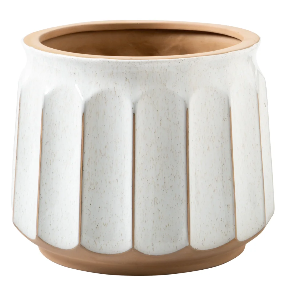 

BOUSSAC 14" x 14" x 11" Round White and Brown Ceramic Striped Seasons Gloworm Plant Planter with Drainage