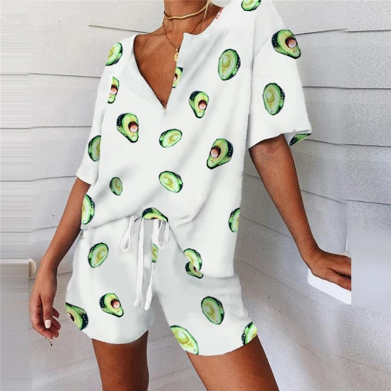 

Women's Print Pajama Set Summer 2 Piece Set Women's Tracksuit T-Shirt Suits Female Casual Suits V-neck Top