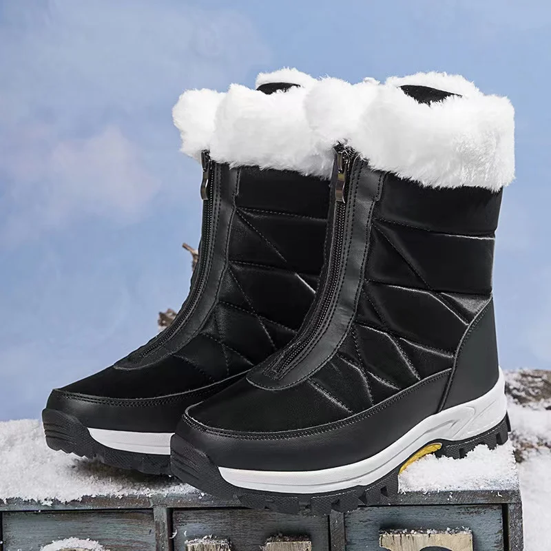 Waterproof Snow Boots Female Front Zipper Large Size Cold-proof Warm Cotton Boots Plus Cashmere Outdoor Winter Shoes
