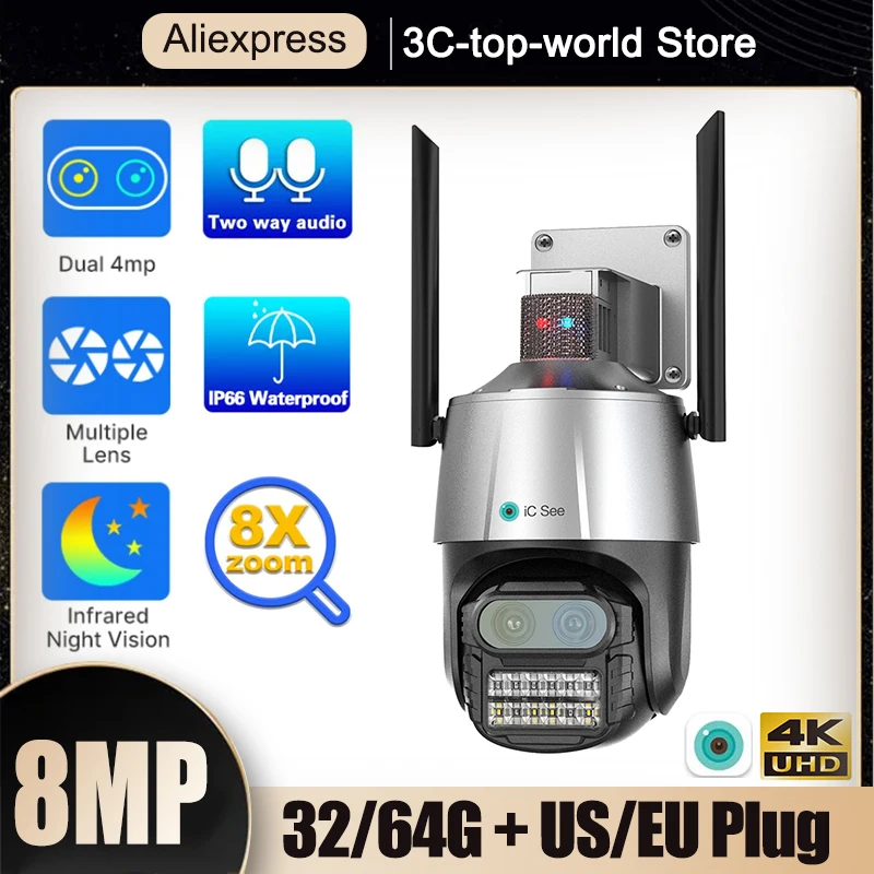 

8MP 4K WiFi Camera Dual Lens 8X Zoom Security CCTV IP Camera IP66 Two-way Audio Night Vision Human Detection for Outdoor iCsee