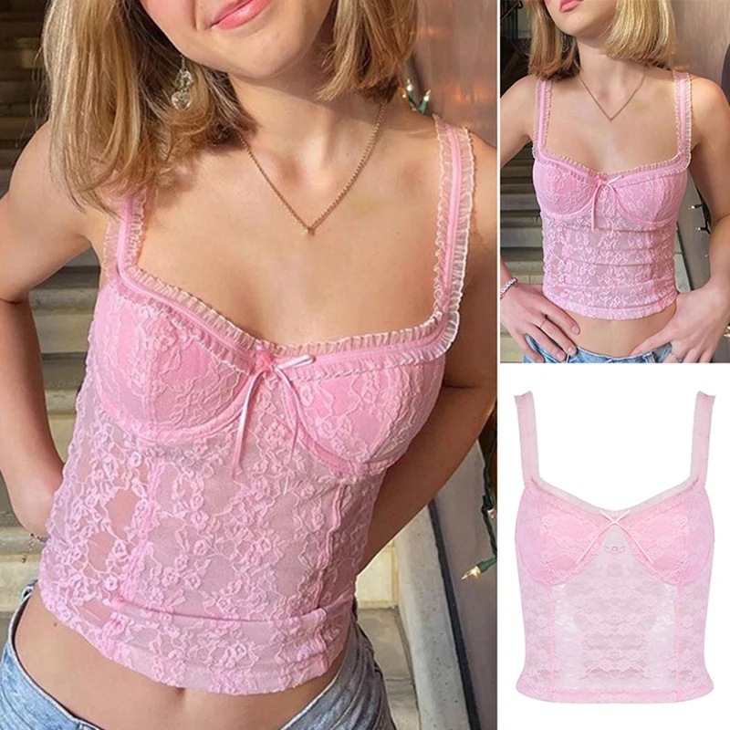 

Women's Sleeveless Lace One-Line Neck Solid Color Slim-Fit Sling Type European And American Pink Small Vest Pink