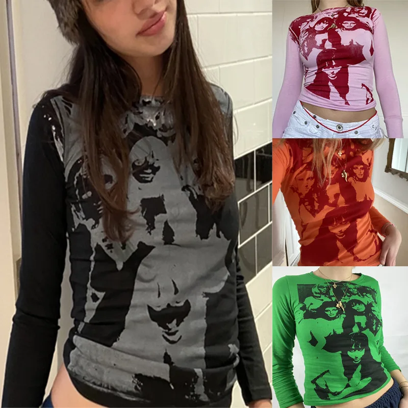 

Hip-hop Rock Face Print Slim T-shirt Autumn New Street Hipster Personality Long-sleeved Female Y2K Style