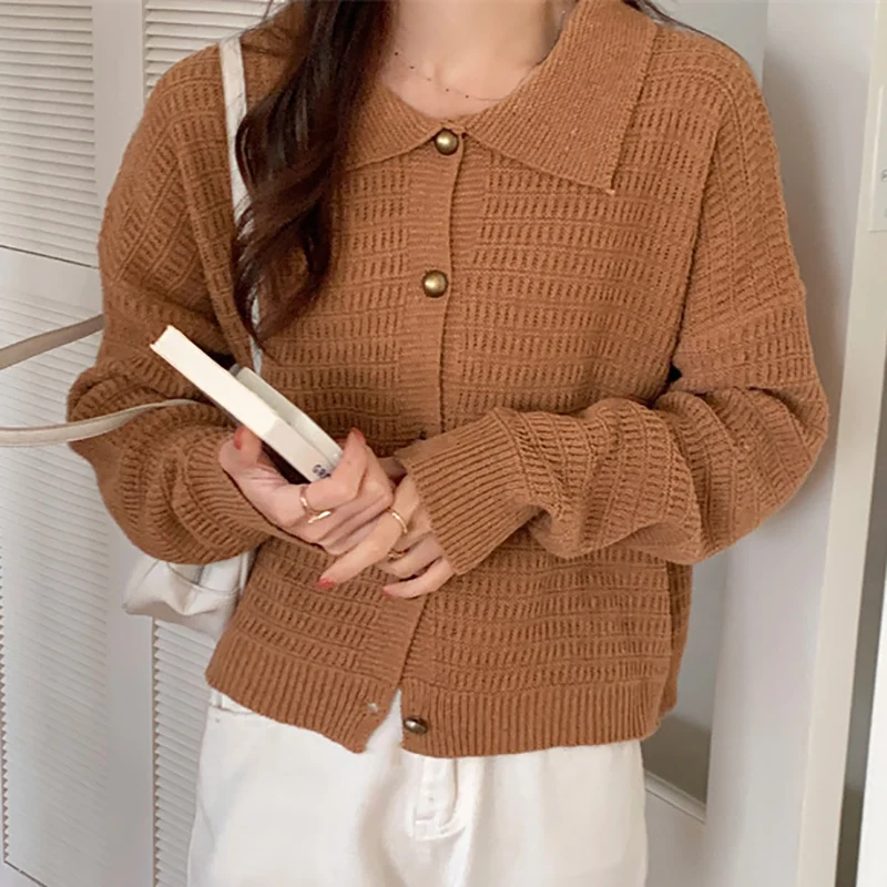 

Autumn New Knitted Cardigan Womens Long Sleeve Casual All-Match Slim Knitwear Female POLO Neck Solid Basic Button Sweaters Femme