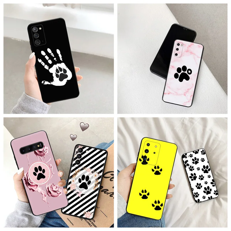 

Black Matte Anti-Drop Phone Case For Samsung S23 S22 S21 S20 FE S10 5G Galaxy Note 20 Ultra 10 Lite 9 Lovely Cute Dog Paw Cover