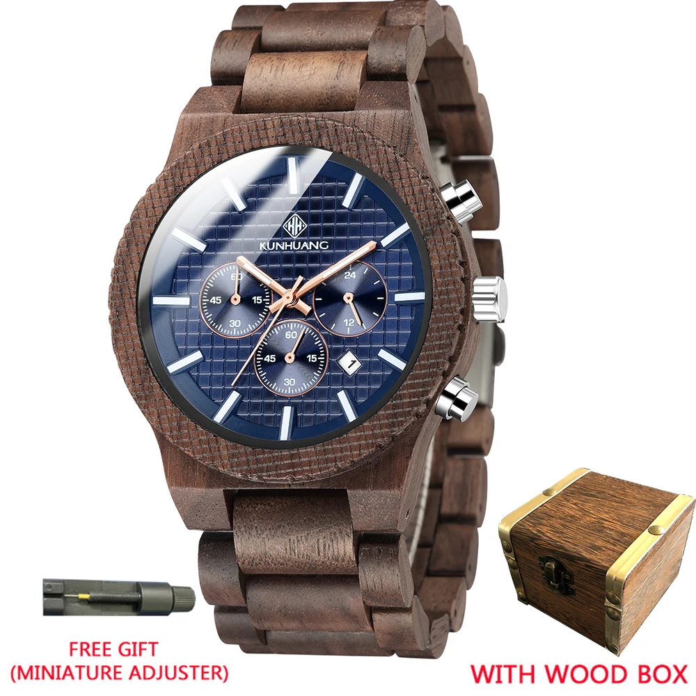 

KUNHUANG Chronograph Wooden Watches Men Wristwatches Sport Style Wood Bamboo Watch For Men Wrist Wood Strap Quartz Watch Relogio