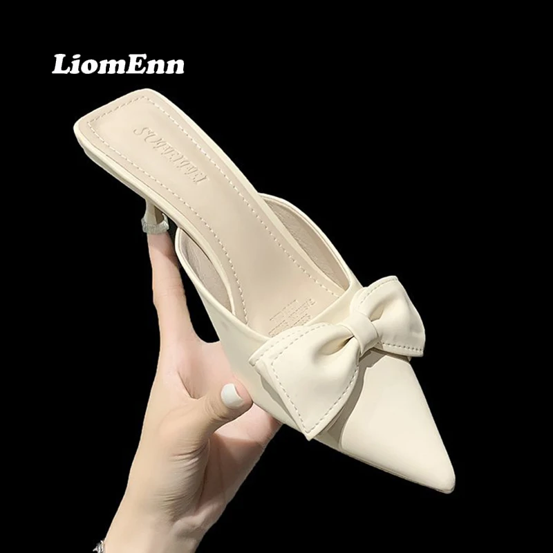 

2022 Summer Slippers Women Outdoor Casual Thin Heels Mules Women Bowknot Pointed Toe Sexy Ladies Fashion Party Wedding Shoes