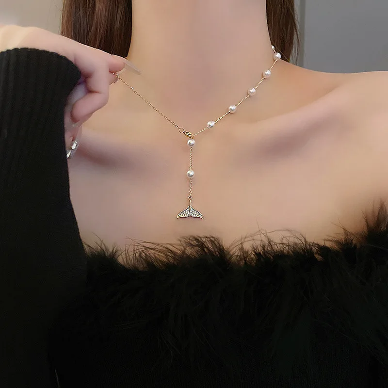 

BFXDG New High-grade Pearl Necklace Women Jewelry Fashion Fish Tail Design Collarbone Necklace Girl's Gift Long Sweater Necklace