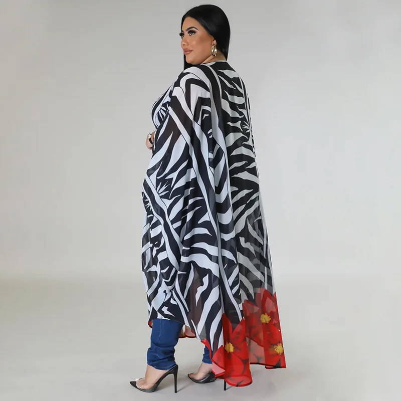 Plus Size Women Clothing Large Women's Coat Chiffon Printed Fashion Casual Shawl Cardigan Clothing Long Outwears Female Clothes