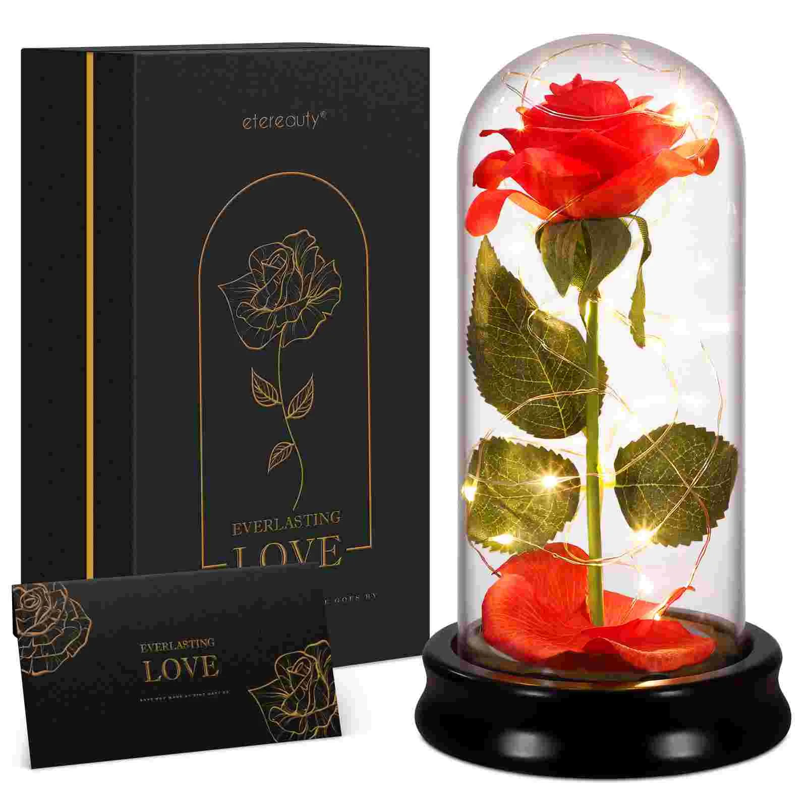 

ETEREAUTY Decorative Romantic Enchanted Never Withered Rose Silk Flower Dome Rose for Wedding Gift Valentines