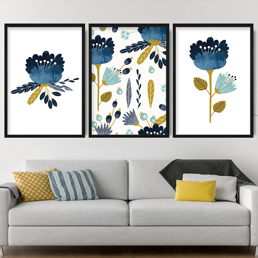 

Абстрактная весенняя Цветочная синяя желтая Картина на холсте Цветы Листья Настенная картина в скандинавском стиле Плакат Картина Декор для дома гостиной
