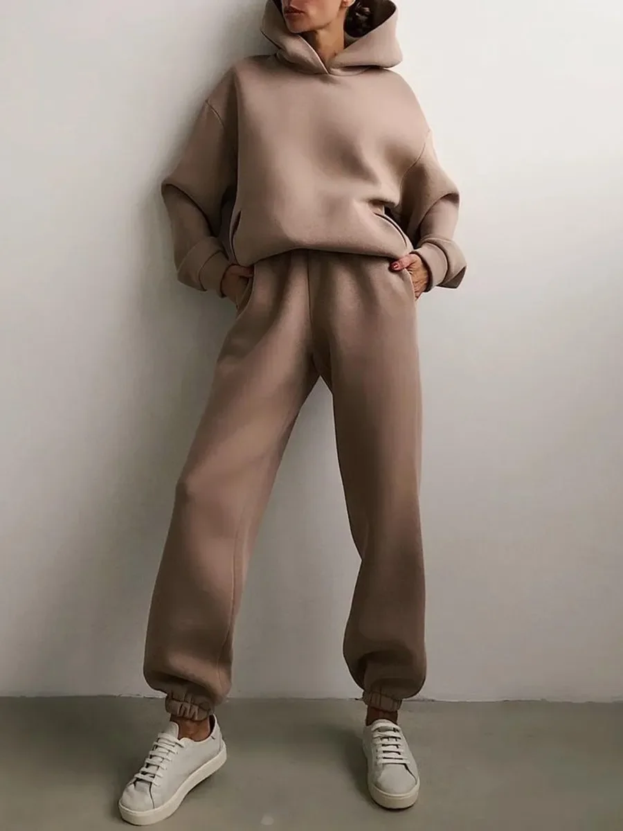 

NEW2023 Women Hoodie Two Piece Sets Winter Casual Long Sleeve Oversize Sweatshirt Trouser Suits Solid Fleece Warm Tracksuit Spor