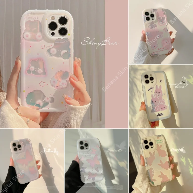 

Laser Reflect Light Pink Rabbit Mobile Phone For Iphone 14 13 12 11 Pro Max Plus Case Precise Hole Position