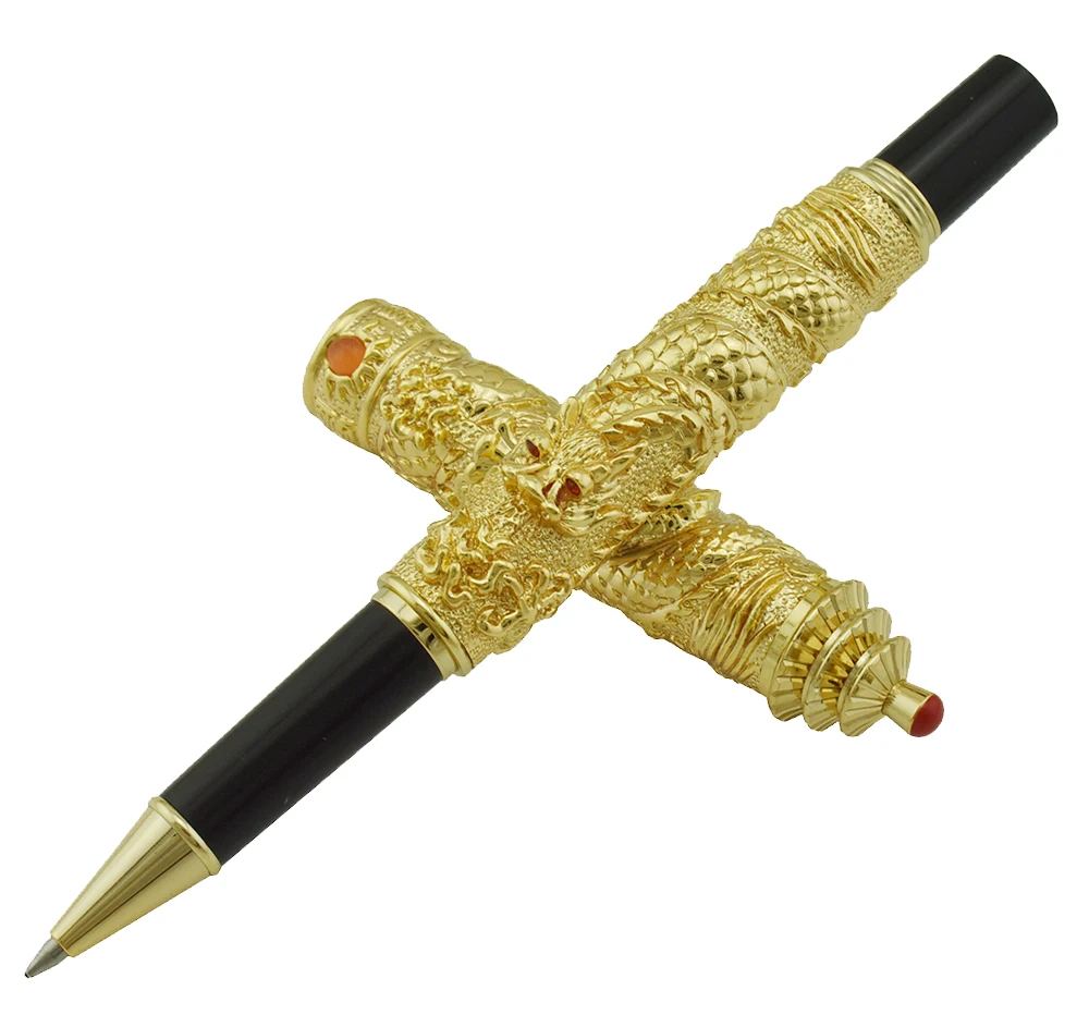 

Jinhao Vintage Luxurious Rollerball Pen Golden Tower Cap Small Double Dragon Playing Pearl, Metal Carving Embossing Heavy Pen