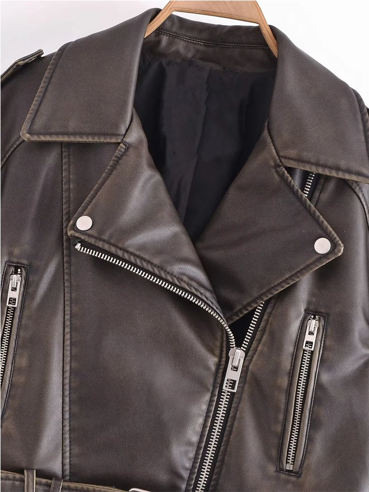 Brown Women's Autumn Faux leather jacket Korean style Short Zipper motorcycle jacket PU coat Female Clothing 2023 INKEO 3O077