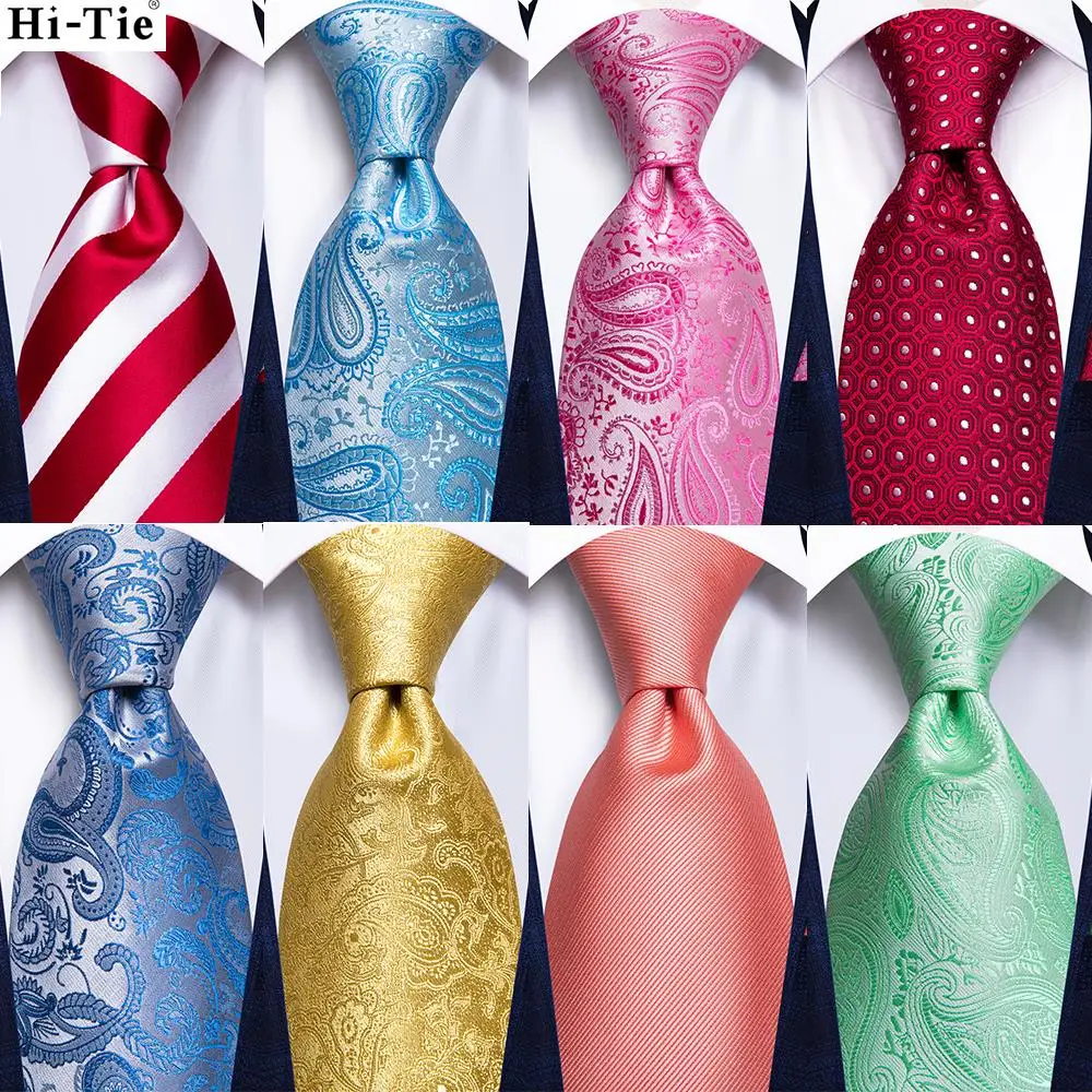 

Hi-Tie Red White Striped Mens Silk Wedding Tie Paisley Solid Elegant Necktie For Men Fashion Designer Hanky Cufflink Business