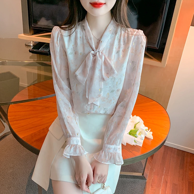 Модная женская блузка с длинным рукавом и бантом на воротнике Повседневная