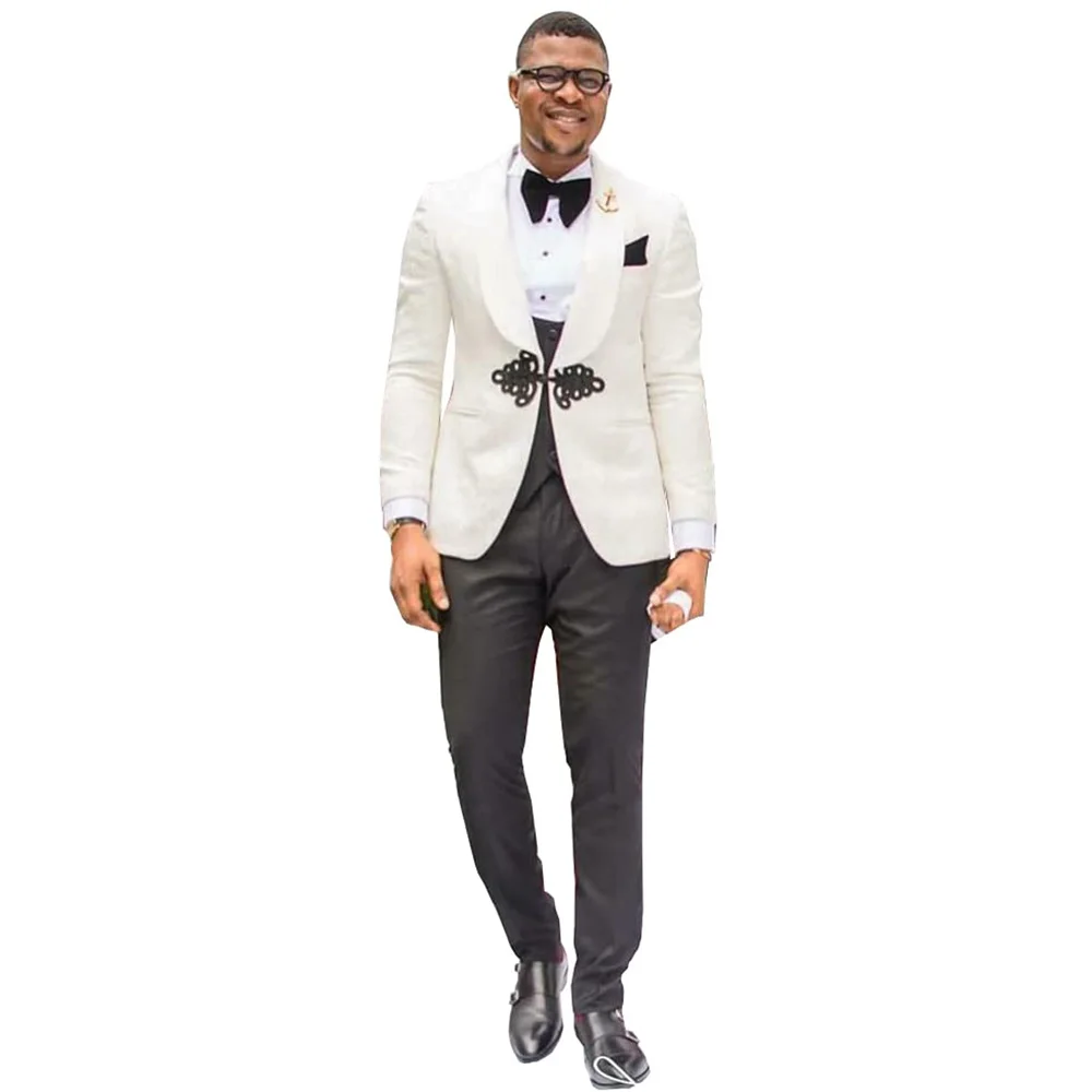 High Quality White Paisley Floral Print Tuxedo Suit Slim Fit Prom Wedding Groom Tuxedo Jacket Coat Vest