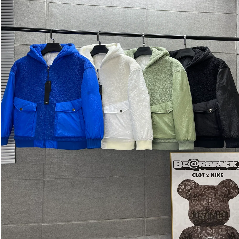 

Winter hooded lamb wool stitching metal nylon down cotton jacket couple models compass embroidery label casual jacket men