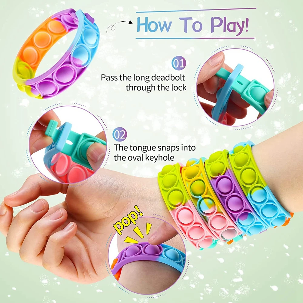

12/15Pcs Pop Fidget Toy Bracelet Wearable Push Poping Bubble Sensory Toys Stress Relief Finger Press Wristband for Kids Adults