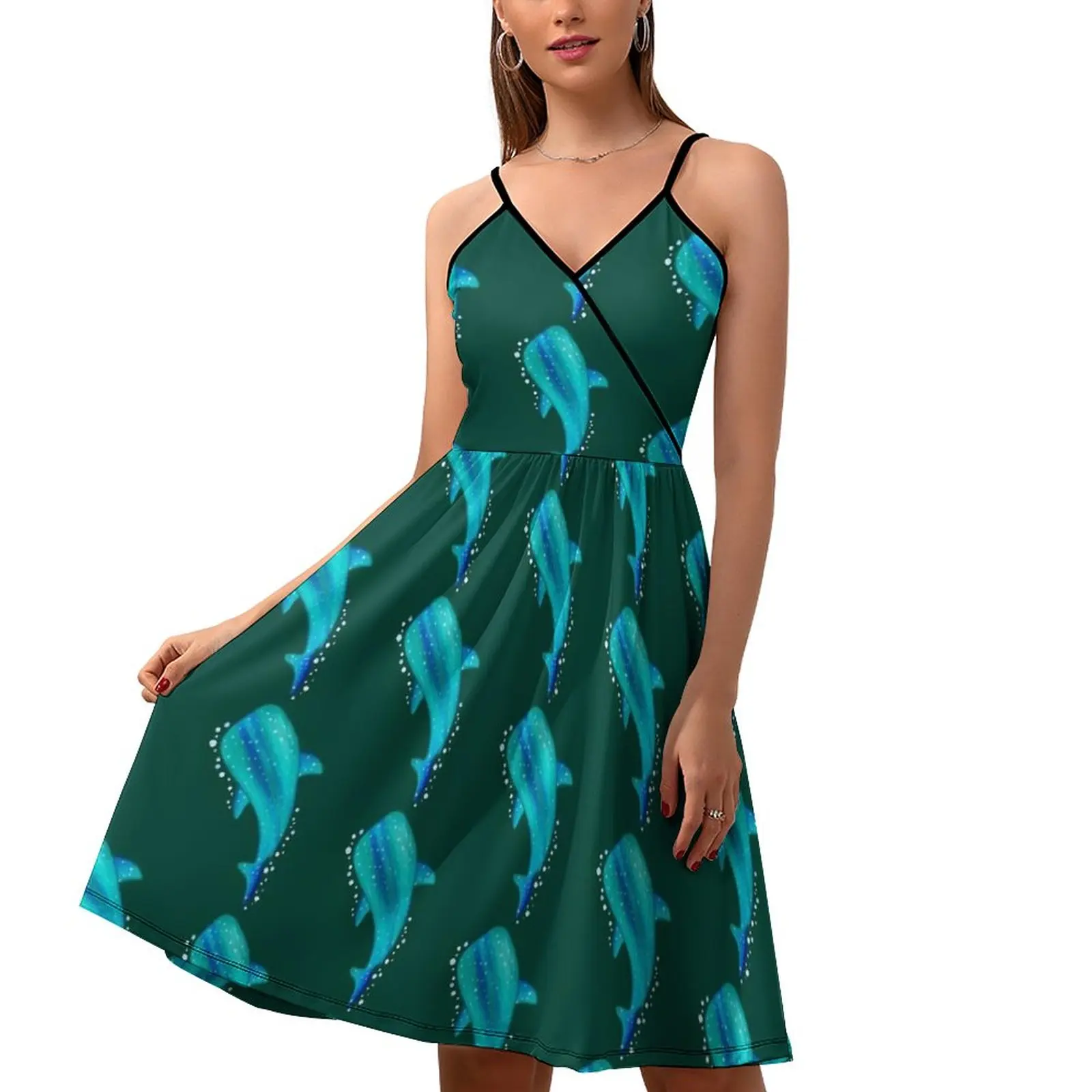

Женское Повседневное платье с принтом Кита и акулы, весеннее платье на бретелях-спагетти с забавным принтом животных, женское милое платье с графическим принтом