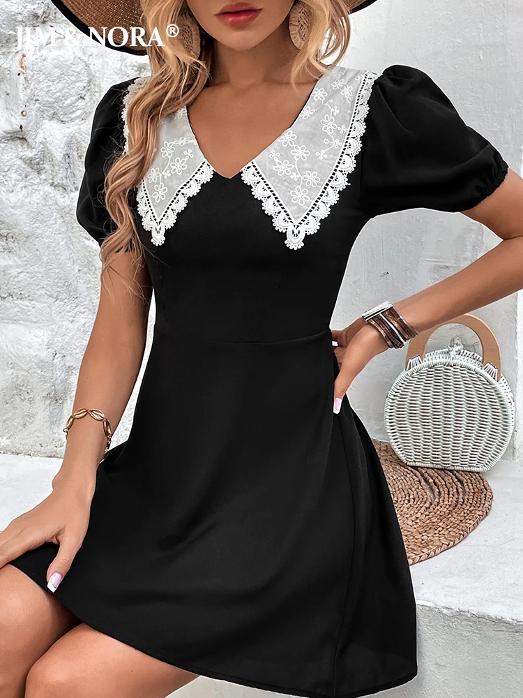 

JIM & NORA Ladies Peter Pan Collar Elegant Short Sleeve Soild Colour V Neck Mini Dress Women Fashion Office Wear Casual Dresses