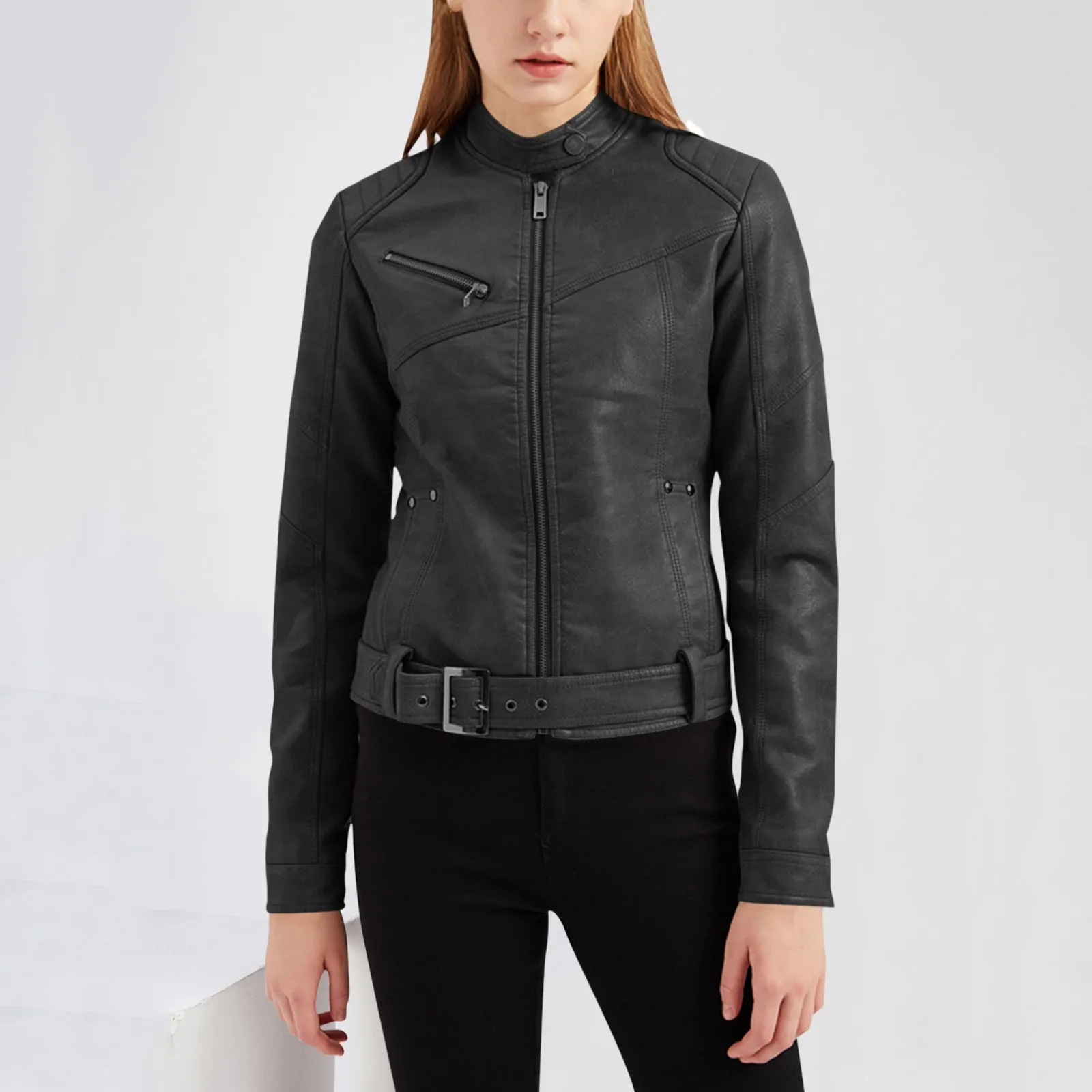 

Women Motorcycle Jacket Suit Fall Winter Stand-Up Collar Zipper Slim Jacket Coat Female PU Leather Outwear chaquetas para mujer