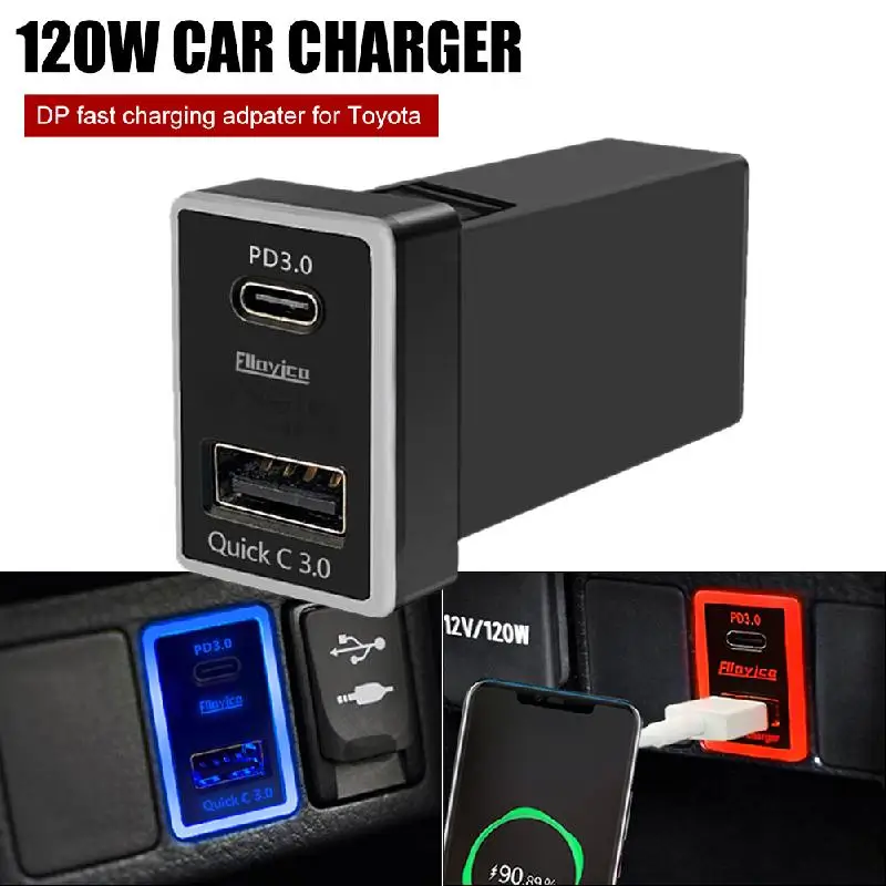 

120W Dual USB Output Car Charger USB + Type-C Car Charging Adapter Mobile Phone PD Charger QC4 Huawei SFCP MTK PE AFC For Toyota