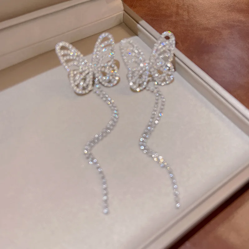 

Korean Butterfly Shiny Rhinestone Crystal Long Tassel Earrings for Women Drop Earrings Party Jewelry