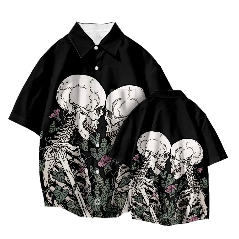 

2022 Summer Thin Skull Rose 3D Print Hawaiian Shirts for Men 4XL Oversized Short Sleeve Character Tops Breathable Loose Clothing