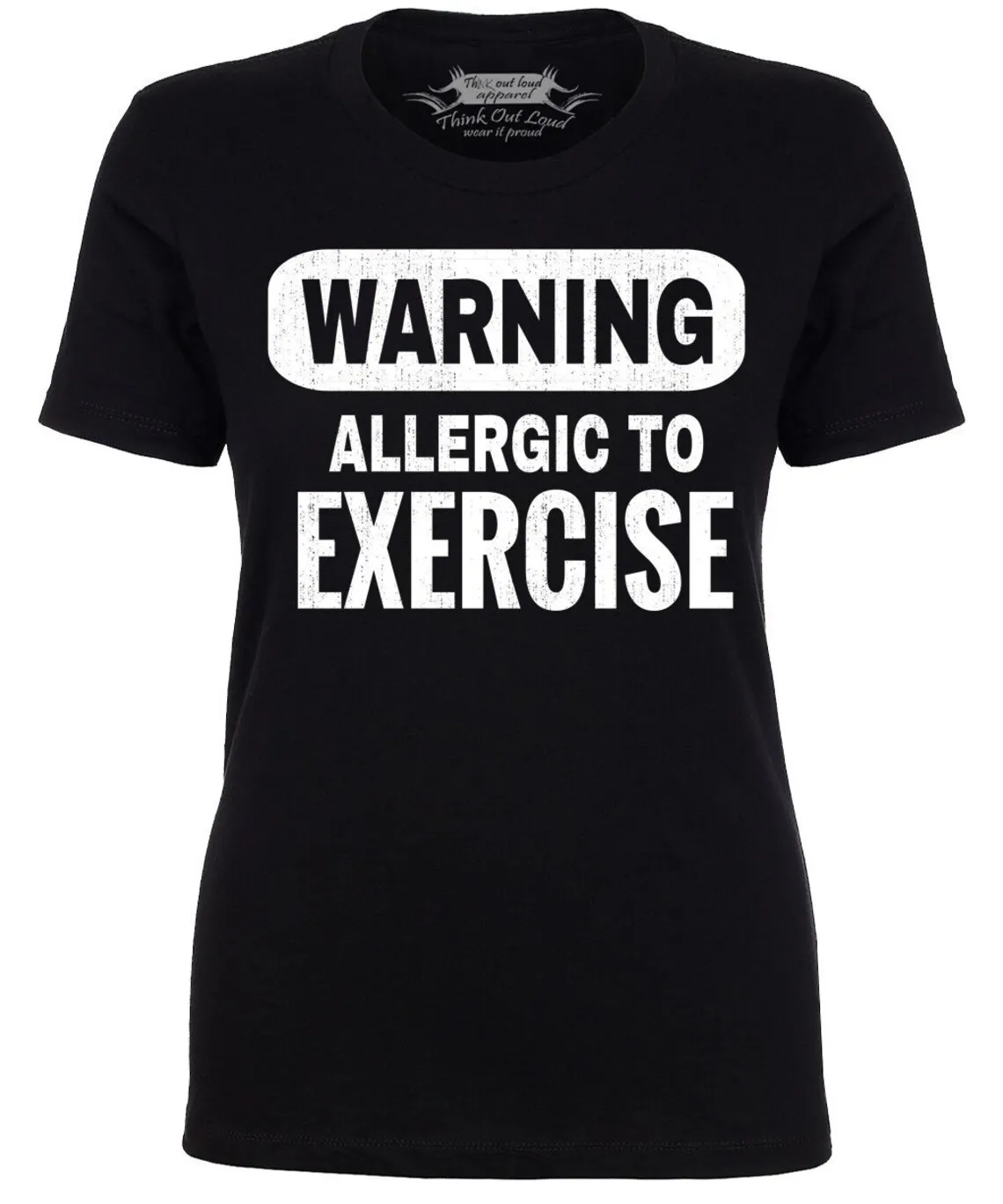 

Warning Allergic to Exercise Funny Ladies T Shirt Gym Humor Tee