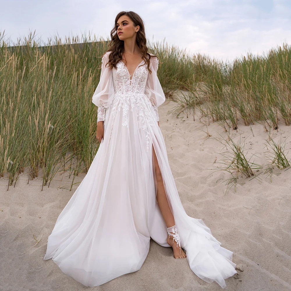 

ADLN V-neck High Split Lace Wedding Dresses Tulle Boho Bridal Gown 2022 Long Sleeves Beach Bride Dress Vestidos de Novia