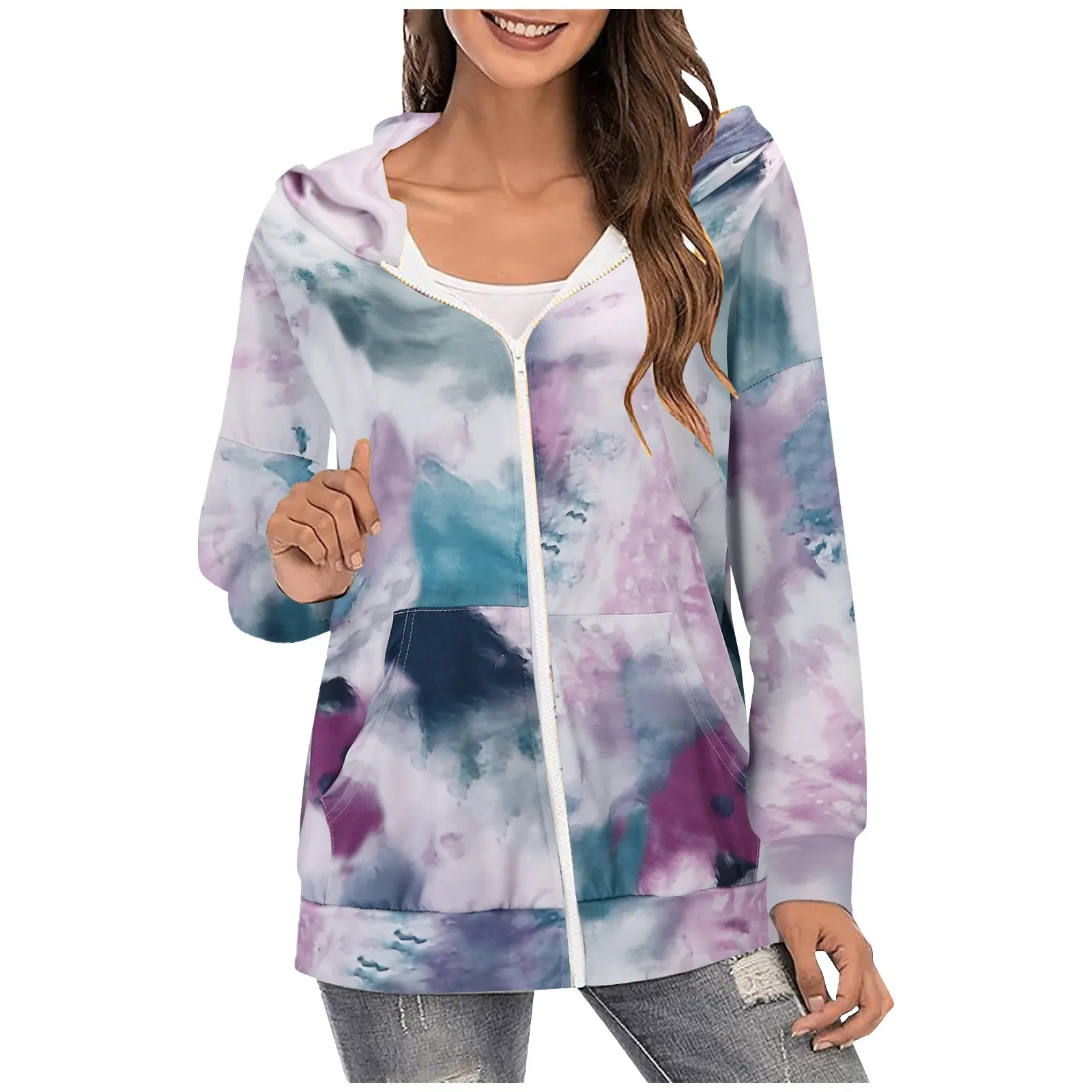 

Женское пальто с принтом, куртка на молнии с капюшоном, пальто с длинным рукавом, Толстовка С Карманами, куртка с капюшоном, Женский флисовый...