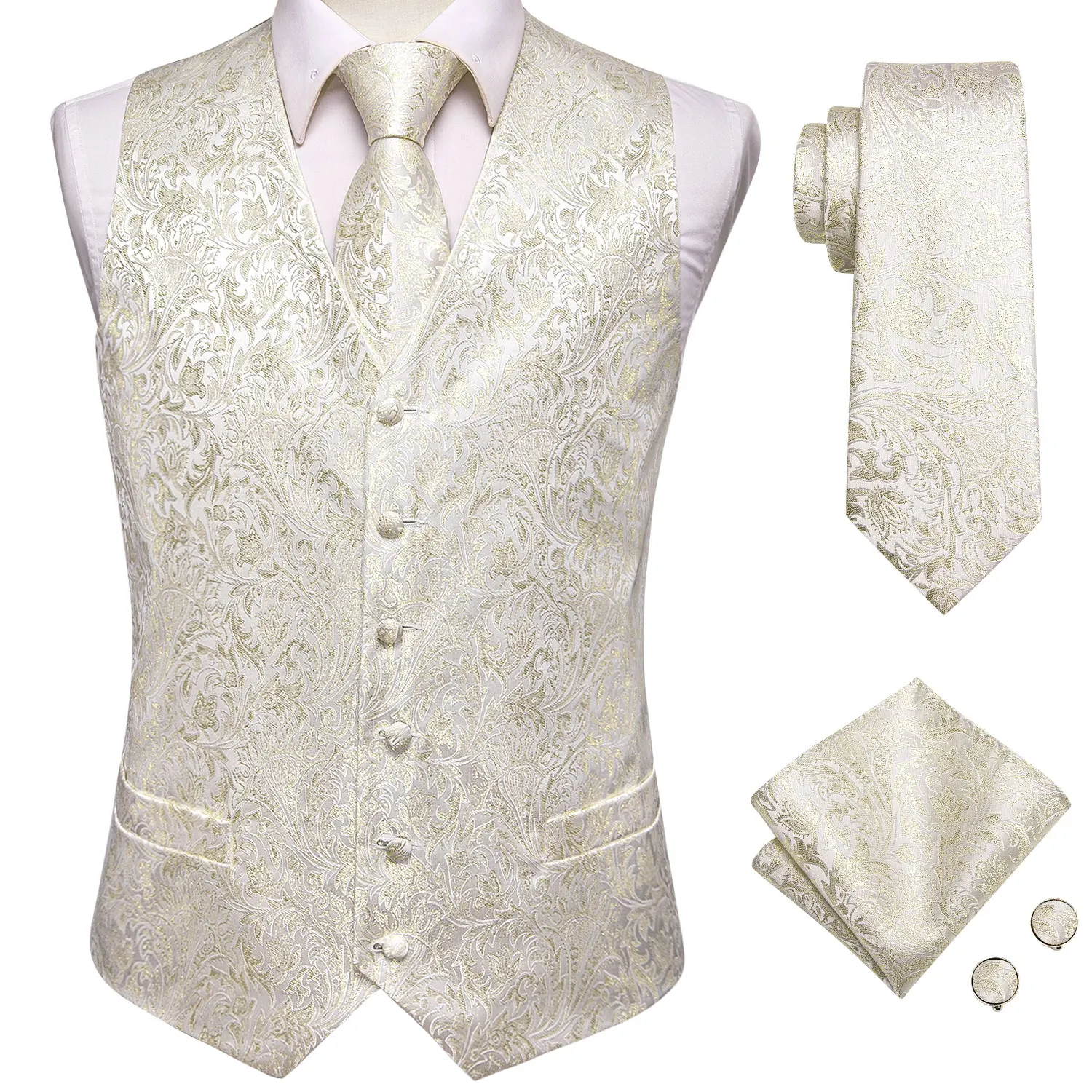 

Hi-Tie Champagne Silk Mens Vest Tie Hanky Cufflinks Set Jacquard Floral Suit Waistcoat Jacket Necktie for Male Wedding Business