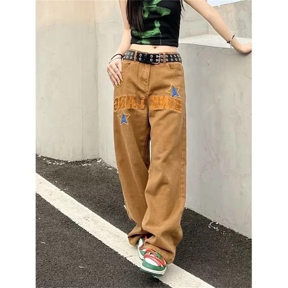 Retro Street Jeans Men Hip-hop Trend Trouser Female Loose Straight Pants Letter Print Wide-leg Pants Casual Hight Waist Clothing images - 6