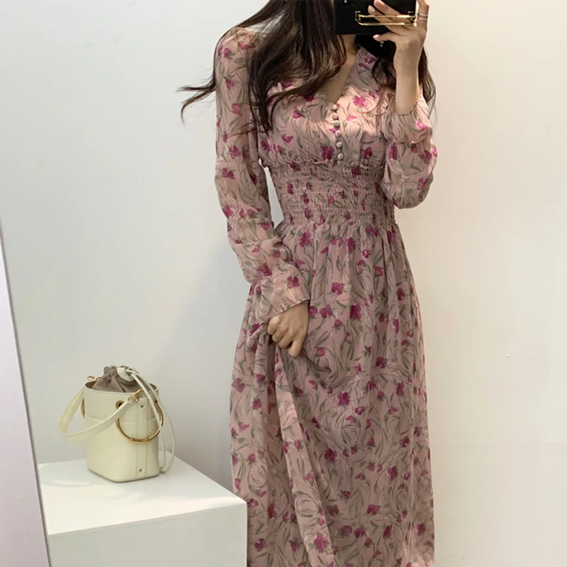 

Ladies Elegant Long Chiffon Flower Dress, Long Sleeve Korean Style Pink V-Neck Beach Dress, New Autumn Collection Slim Dress