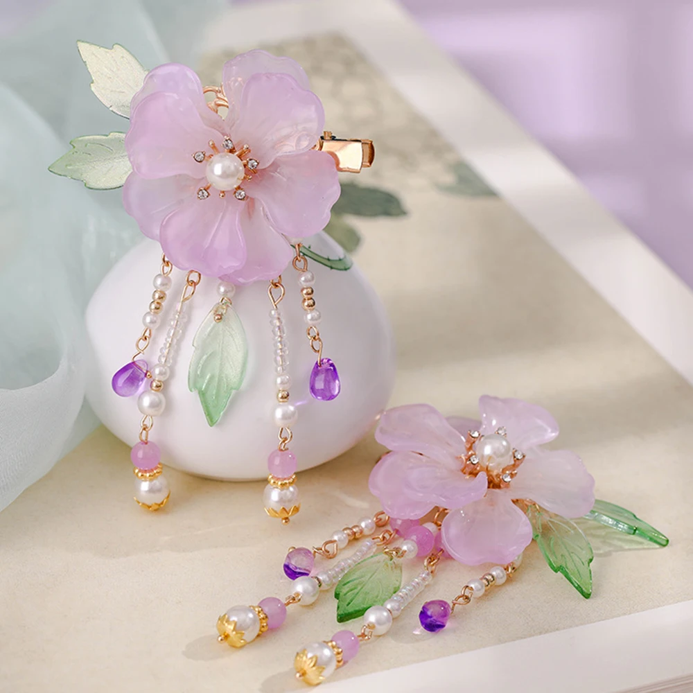 

Женская Винтажная заколка для волос Hanfu, фиолетовая заколка с бусинами и жемчугом, свадебные украшения