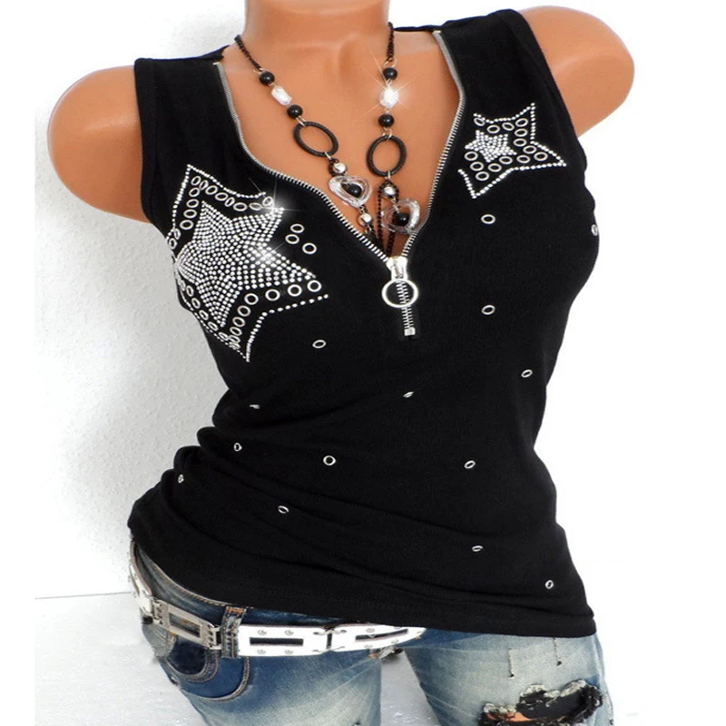 

Harajuku Casual Sexy Tank Top Tee Fashion Diamonds T Shirt Women Shirts Tshirt Summer T-Shirt Tee Shirt Woman Zip V neck Tops