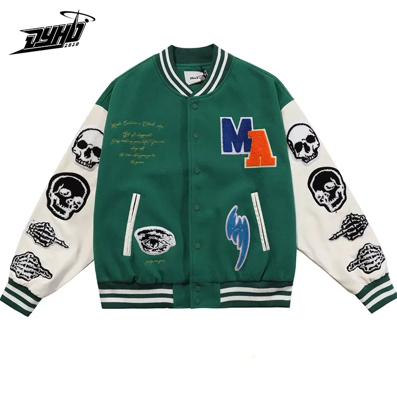 

NEW IN 2021 Mens Hip Hop Varsity Jackets Furry Skull Patchwork Color Block Bomber Jackets Men Harajuku Streetwear Baseball Coats