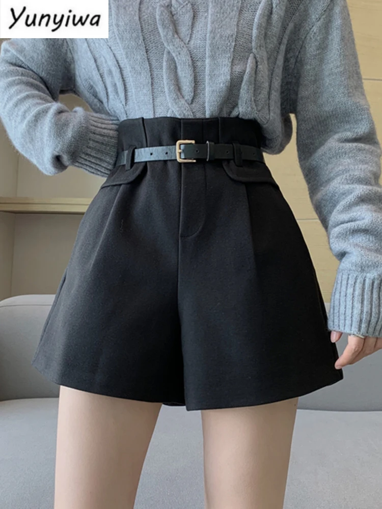 

Tweed Shorts Women Black Loose High Waisted Spring Korean Comfortable Casual with Belt Wide Legs Shorts